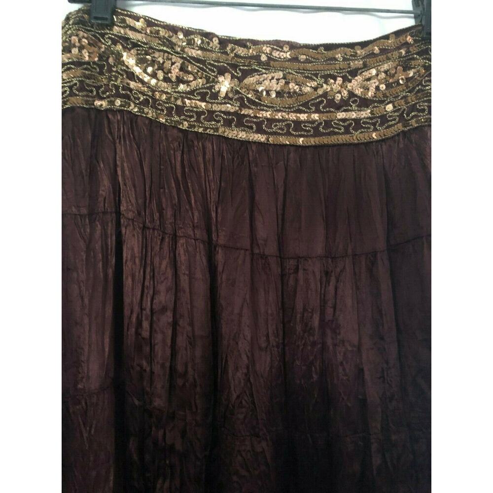 Cache Brown Silk like Boho Hand Sewn Sequins Crinkle Lined Skirt New NWT $138 - Picture 6 of 9